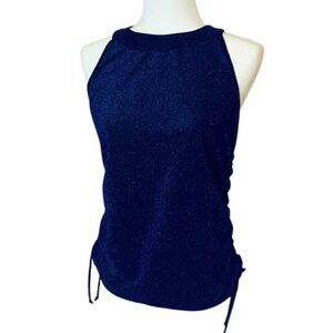 Shiny Navy Blue Tops for Women Shirts Keyhole Back Halter Top Shirts I Size M